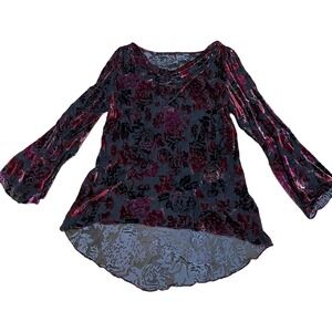 Womens 16 Sheer Velvet Burnout Whimsygoth Floral Bell Sleeve Dark Romantic Tunic